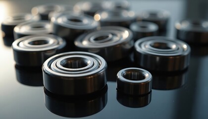 Metal ball bearings arranged on a dark reflective surface. These precision components facilitate smooth rotation in machinery and vehicles. Multiple industrial parts create motion.