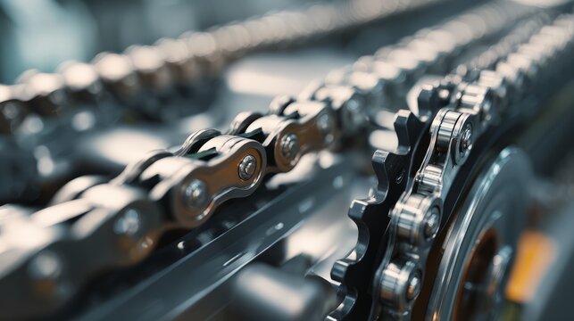 Close-up view of metallic bicycle chains in mechanical motion - Powered by Adobe