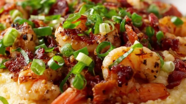 A vibrant dish of shrimp and grits topped with crispy bacon and fresh green onions, set against a rustic wooden table, evoking a cozy, homemade dining experience