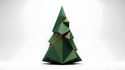 A modern, abstract representation of a Christmas tree constructed from complex geometric facets and low-poly shapes in shades of deep green and subtle gold accents, isolated on a clean white backgroun