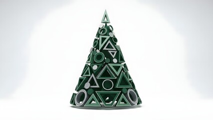 A conceptual and abstract Christmas tree design formed by stacking various geometric shapes, predominantly triangles and circles, in shades of green, gray, and white, presenting a modern, stylized hol