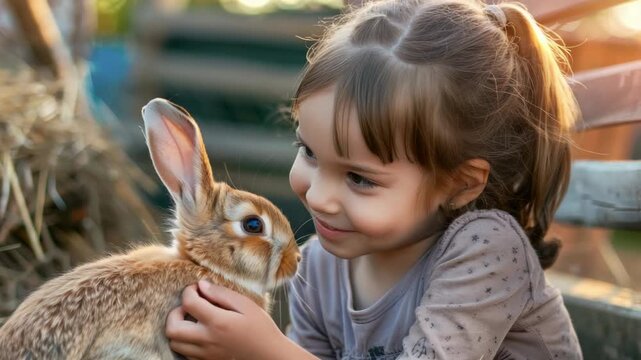 A young girl with a radiant smile pets a baby rabbit in an outdoor setting, possibly a petting zoo or farm.