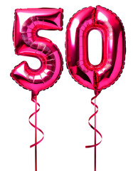 Fototapeta premium 数字の50の形のピンク色の風船とリボン（Number 50 pink foil balloon on white background） 