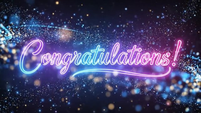 Radiant animated congratulations with glowing neon script on dark sparkling galaxy background