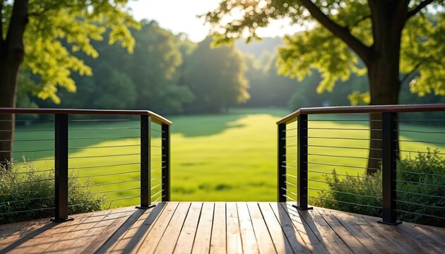 Wooden deck with black metal cable railing overlooks green lawn and trees. Morning sunlight creates long shadows on the patio. Outdoor space for relaxation and entertaining guests.