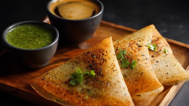 A beautifully arranged platter featuring crispy dosas served with vibrant green chutney and rich coffee, set on a wooden tray against a dark background, perfect for culinary showcases