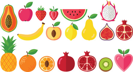 Fresh colorful fruit illustration set including tropical and seasonal fruits, flat healthy food vector icons for market nutrition and packaging designs