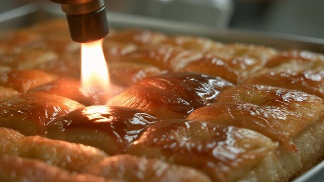 macro shot of a mechanical torch arm caramelizing the golden surface of syrupy kunafa, a delicious ramadan middle eastern dessert.