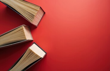 Several hardcover books lie open on vibrant red surface. Pages thick, aged, suggesting collection of classic literature valuable texts. Arrangement provides ample copy space for text design elements,