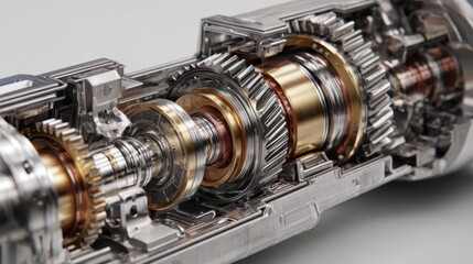 Close-up view of mechanical gears and components in a transmission system