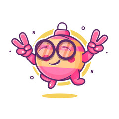 cheerful Christmas Ball meter character mascot jumping with peace sign hand gesture isolated cartoon 