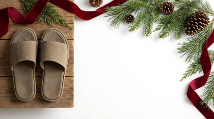 Cozy Comfort Winter Slippers and Festive Holiday Decorations on a White Background