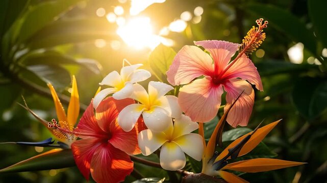 Lush tropical floral composition showcasing vibrant hibiscus plumeria and bird of paradise flowers glowing in warm sunlight