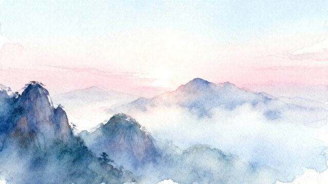 Misty mountain peaks rising above clouds at dawn - Powered by Adobe