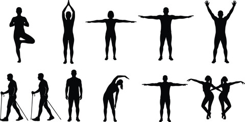 Human silhouette fitness and activity illustration set featuring yoga poses stretching exercises walking and jumping movements, black athletic vector collection