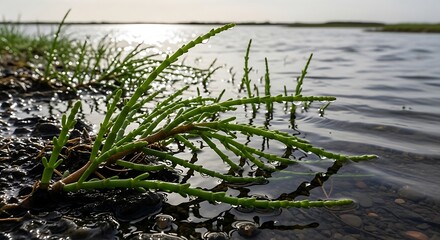 Green samphire plant growing on a muddy shore by the water.