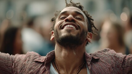 ultra-realistic close-up of a man mid-dance move in a city square, eyes closed and smiling, body blur with motion, music and joy in the frame
