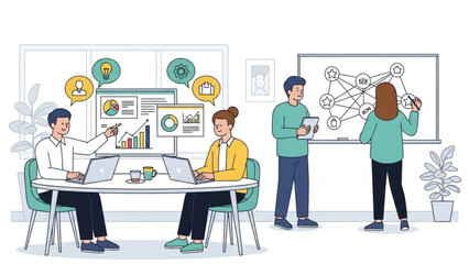 Fototapeta premium Team collaborating on a business project with data analysis and strategy planning modern office environment with digital charts and whiteboard diagrams