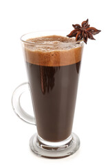 Glass of delicious espresso and star anise on white background