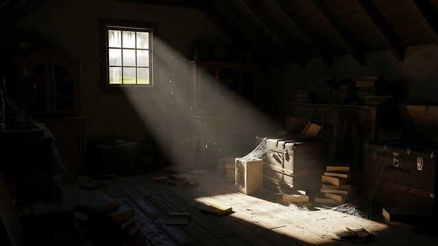 Sunlit Attic Window with Dust Particles and Wooden Boxes - Powered by Adobe