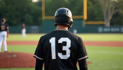 Baseball player in black jersey with number 13 and helmet on field. Ready for game action on baseball field. Opponent players blurred in background. Trees and fence behind outfield.