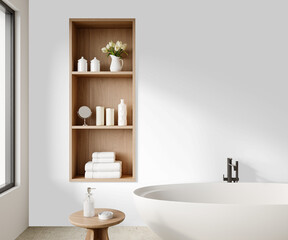 Close-Up Bathroom PNG Mockup – Built-In Wooden Shelf with Towels and Decor, Freestanding Tub, Minimalist Modern Spa Interior, Isolated Wall Background (Close-Up View)