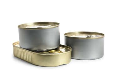 Tin cans with fish isolated on white background