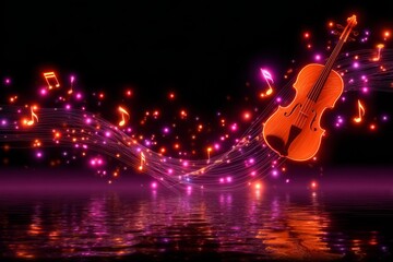 Fototapeta premium A glowing neon violin with colorful musical notes flows above reflective water, creating a dynamic and vibrant music-themed composition perfect for creative projects.