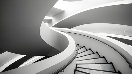 Modern architectural spiral staircase, elegant lines, monochrome