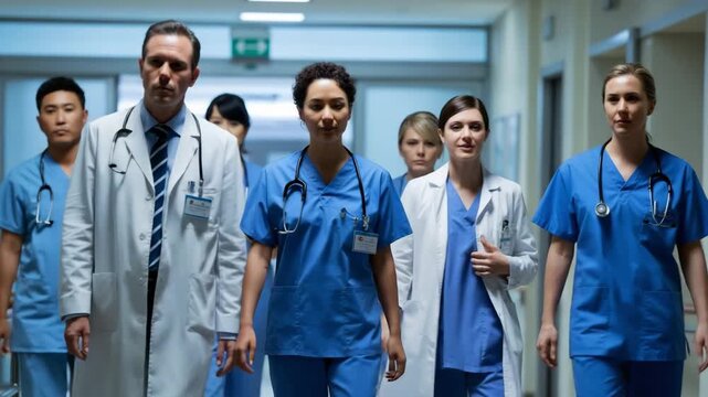 Dedicated medical team strides purposefully down hospital corridor, offering hope and reassurance in healthcare setting
