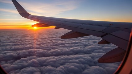 Obraz premium Sunset from airplane window over fluffy white clouds