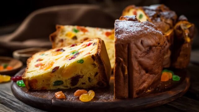 A beautifully arranged display of a sliced fruitcake on a rustic wooden table, surrounded by colorful candied fruits, with a soft focus on a warm, cozy kitchen setting in the background