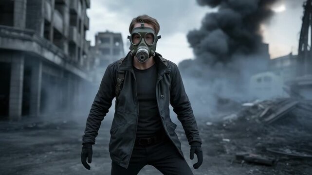 Fearless survivor navigating apocalyptic cityscape with gas mask amid smoke and destruction, facing danger with resilience and determination