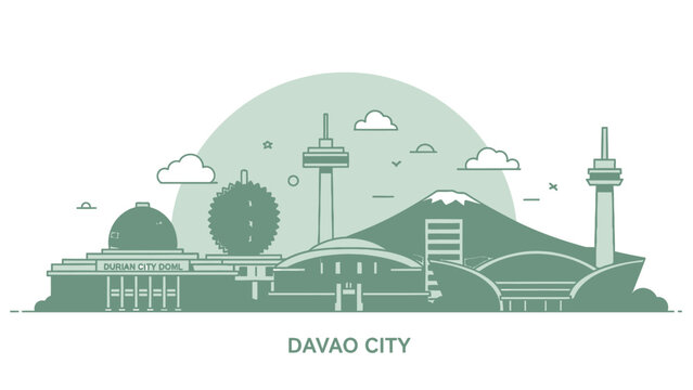 Davao City Skyline Illustration Minimalist Cityscape with Landmarks and Line Art, Philippines