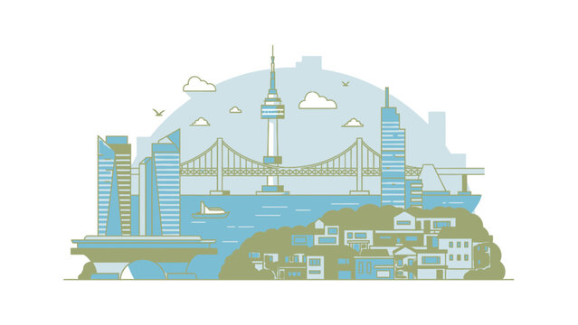 Seascape Illustration of Busan Cityscape Skyline with Tower and Buildings Against Blue Sky and Sea