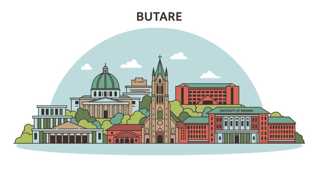 Butare Rwanda Cityscape Illustration Skyline with Landmarks and Architecture
