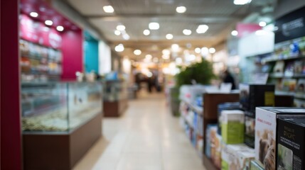 Obraz premium A blurred image of a retail space, showcasing shelves filled with products and a well-lit, inviting atmosphere.
