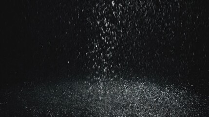 Obraz premium A dark background with cascading droplets of water, creating a shimmering, ethereal effect reminiscent of rainfall or mist.