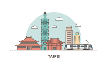 Naklejka premium Taipei Skyline Illustration with Modern Train and Cultural Landmarks in Flat Vector