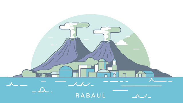 Rabaul's Volcanic Landscape A Vector Illustration of Coastal Architecture Amidst the Towering Smoking Peaks