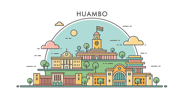 Huambo Cityscape A Colorful and Modern Depiction of Angola's Heart in Pastel Hues and Flat Vector Style