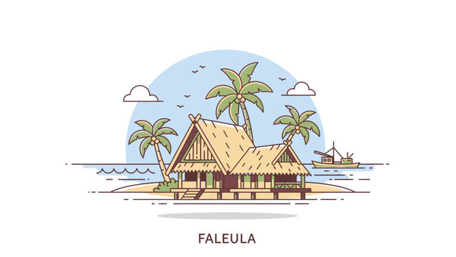 Scenic Fale Ula on a Tropical Island with Palm Trees, Fishing Boat, and Traditional Samoan Architecture