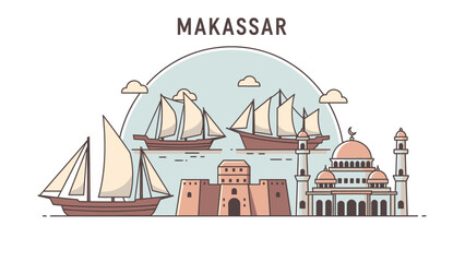 Makassar Skyline Illustration Fort Rotterdam, Amirul Mukminin Mosque, and Phinisi Boats