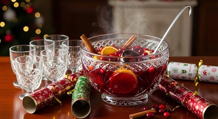 Fototapeta premium Steaming crimson punch, infused with citrus and spice, awaits in a crystal bowl surrounded by