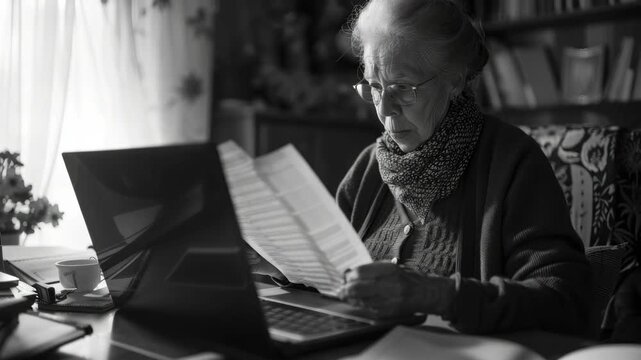 Close-up of an older adult using a laptop for reading or work purposes, set against the backdrop of a cozy domestic interior.