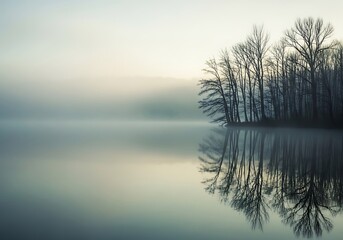 A tranquil lake scene at dawn, showcasing a mirrored island with bare trees, enveloped in a soft morning mist.
