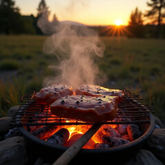 Grilled Skewers Over a Glowing Campfire at Sunset