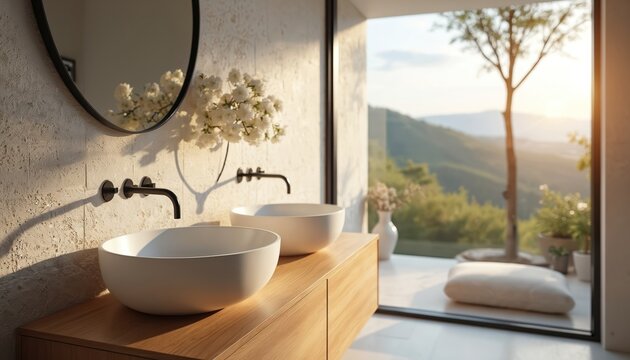 Modern white vessel sinks sit on wooden vanity. Clean bathroom with large window, nature view. Stone wall texture, elegant faucets, mirror adorns wall. - Powered by Adobe