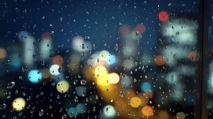 A close-up view of raindrops on a window, featuring blurred city lights in the background, creating a moody, atmospheric scene.