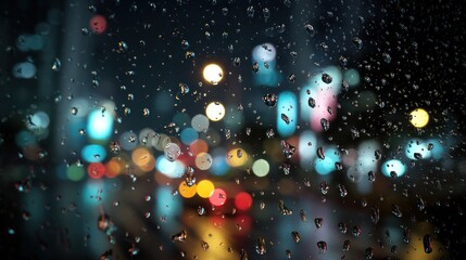 A close-up view of raindrops on a windowpane, creating a blurred effect with colorful city lights shining through, evoking a moody, nighttime atmosphere.